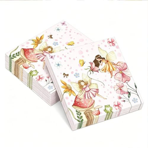 Servietten Geburtstag, 20 Stück Servietten Feen Geburtstag Deko, Aquarell Fee Motiv für Mädchen, 33x33 cm, Premium Papierservietten für Kindergeburtstag, Rosa Pastell Feen Deko, Geburtstagsdekoration