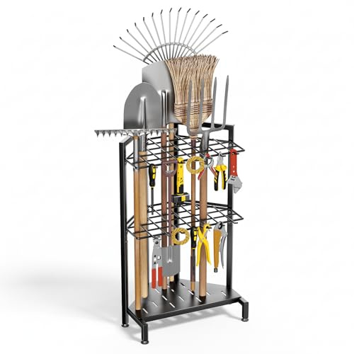 Organisateur d'outils de jardin 3 niveaux en métal, rangement pour abri, outils de jardinage avec manches longues, râteaux, balais, garage, patio, terrasse, intérieur et extérieur