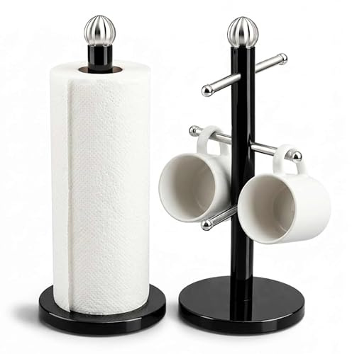 ADEPTNA Mug Holder Tree & Kitchen Roll Holder Set Stainless Steel Coffee Cup Stand with 6 Hooks, Heavy Duty Paper Towel Holder with Weighted Base, Black Countertop Organizer for Kitchen Coffee Bar