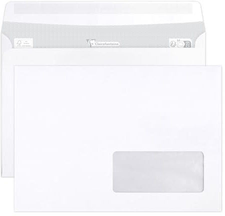 Clairefontaine 10242C - Karton mit 500 Umschlägen C5-162x229mm, selbstklebend, 90g, mit Sichtfenster 45x100 (20/20), Weiß, 1 Karton
