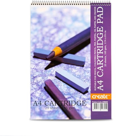 Create Spiral A4 Cartridge Pad – 165 GSM Thick Matte Cartridge Paper Drawing Pad, Ideal for Students & Artists, Suitable for Pencil, Pen, Crayon, Pastels and Mixed Media – 25 Sheets, A4 Size