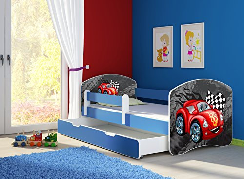 CLAMARO 'Fantasia Blau' 160 x 80 Kinderbett Set inkl. Matratze, Lattenrost und mit Bettkasten Schublade, mit verstellbarem Rausfallschutz und Kantenschutzleisten, Design: 05 Rennwagen Rot