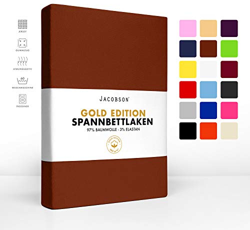 Jacobson Gold Edition Jersey Spannbettlaken Spannbetttuch Baumwolle mit ELASTAN ca. 200 g/m² (90-100 x 220 cm + 40cm, Schokobraun)