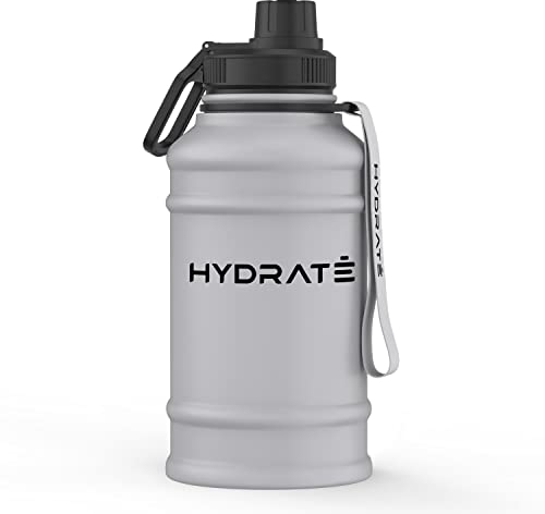 HYDRATE Stainless Steel 1.3 and 2.2 Litre Water Bottle with Nylon Carrying Strap and Leak-Proof Screw Cap Lid - Durable 304 Stainless Stee Metal Gym Water Bottle - Multiple Colors Options
