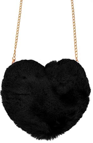 Herz Kunstfell Handtasche 20x25cm Plüsch Tasche Party Schultertasche Karneval, Farbe:Schwarz