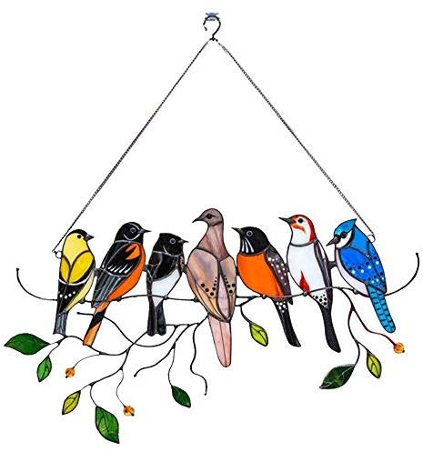 Moseng Buntglas-Fensterbehang, mehrfarbige Vögel auf einem Draht, Glas-Sonnenfänger, Fensterpaneel mit Kette, Vogel-Serie, hängende Ornamente, Anhänger, Heimdekoration, Geschenke (7 Vögel)