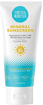 Fresh Monster Daily Kids Sunscreen, SPF 30 UVA/UVB, Clear Non-Nano Zinc Oxide Mineral Sunscreen, Face & Body Sunscreen, Reef Safe, Hypoallergenic Sunscreen for Kids