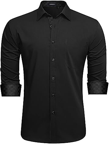 HISDERN Black Formal Dress Shirt for Men Long Sleeve Casual Button Down Shirts Bussiness Regular Fit Check Inner Contrast Funeral Wedding Party