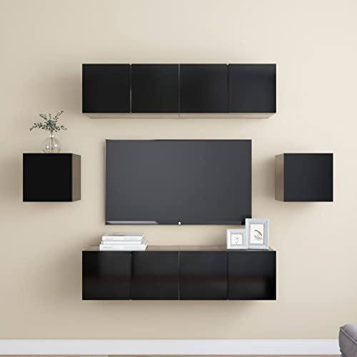 ZQQLVOO 6-TLG. TV-Schrank-Set,TV-Schränke,TV-Bänke,TV-Lowboard, Fernsehschrank,Fernsehtisch,Bücherregal,Vitrine,Raumteiler, Schwarz Spanplatte