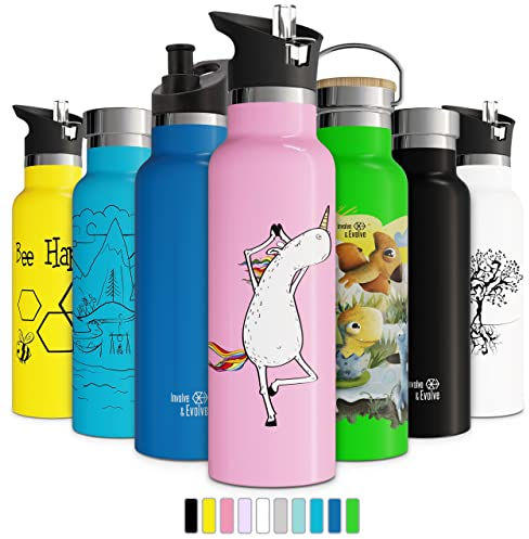 Kids Water Bottle Easy-Sip Straw Lid Leak-Proof Insulated Stainless Steel Thermos Perfect for School & Pickleball 3 Lids BPA-Free Keeps Drinks Cold for 24 Hours