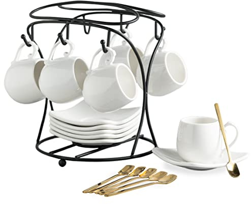 LYEOBOH Espressotassen mit Untertassen Set, Kaffeetassen Metallständer und | Edles Kaffeetassen Set Demitasse Tassen für Espresso, Latte, Cafe Mokka, Cappuccino und Tee, 85g, 6er Set, Weiß