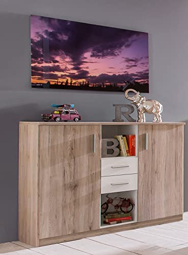 möbelando Highboard Joker aus Spanplatte in San Remo-Eiche-Nachbildung mit 2 Schubladen und 4 Einlegeböden. Abmessungen (B/H/T) 122x105x41 cm