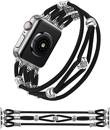 TOYOUTHS Perlen Armband kompatibel mit Apple Watch 38mm 40mm 41mm 42mm, Damen geflochten Nylon elastisch Boho niedlich stilvoll Ersatzarmband für iWatch Serie 10/9/8/7/SE/6/5/4/3/2/1, Schwarz, M