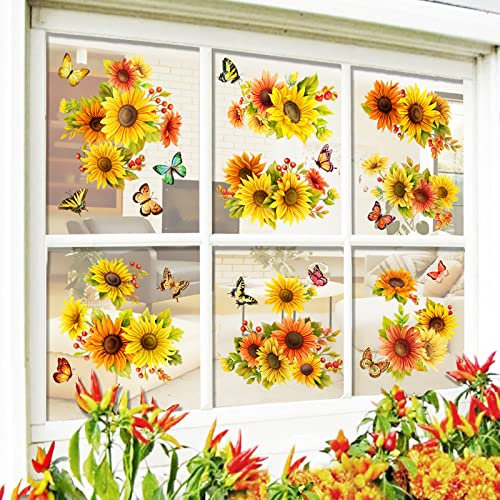 Litupic Sunflower Butterfly Window Stickers Fall Window Decorations | Large-Size Double-Sided Clings for Glass Home, Bedroom, Nursery Room Decals - 44 Pieces