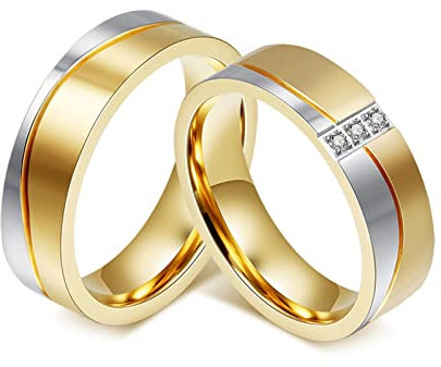 KnSam 2Pcs Ring Damen 6MM, Edelstahl Pärchen Ring Zweifarbig Poliert mit Zirkonia für Damen & Herren, Silber Gold, Damen Gr.60 (19.1) & Herren Gr.62 (19.7)
