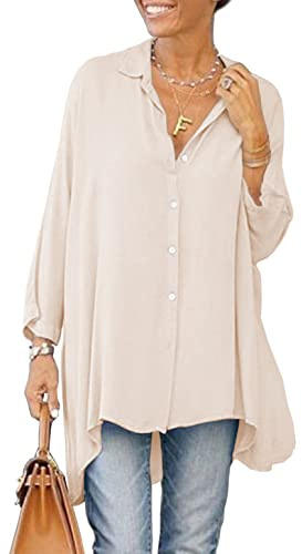 Aoysky Womens Oversized T Shirts Button Down Long Sleeve Shirt V Neck Collar Loose Flowy Blouse Beige