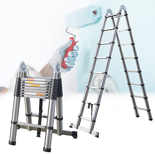 5M Extendable Multi-Purpose Stainless Steel Climb Ladder for Home Outdoor & Indoor Use 2.5M+2.5M A-Frame Folding Ladder Safety Designed with EN131 Safe Standard Maximum Load Capacity 330LB