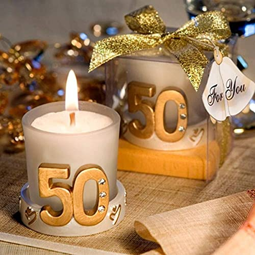 Lote de 6 Velas de Cera Decorativas en Vaso Cristal 50 Aniversario Iluminación. Detalles y Complementos para Fiestas de Cumpleaños. Bodas, Bautizo. Regalos Originales. DK