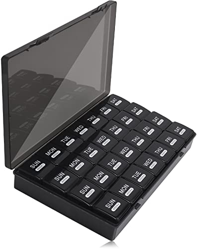 Tablettenbox 28 Tage, Happybase 4 Wochen Pillenbox Medikamentenbox, Monat Tablettendose Pillenbox, große Fächer, Medizin-Organizer für Vitamin-Organizer, Nahrungsergänzungsmittel, Fischöle (Schwarz)