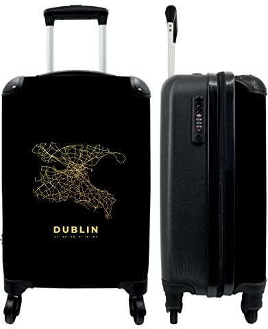 NoBoringSuitcases.com® Koffer Handgepäck Trolley Rollkoffer Kleine Reisekoffer mit 4 Rollen - Stadtplan - Dublin - Gold - 55x35x20cm - Fotokoffer - Kabinenkoffer - Boardgepäck