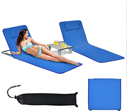 GOPLUS 2PCS Matelas de Plage Réglable à 5 Positions avec Table Basse, 2 Tapis de Plage avec Appuie-têtes, Table d’Appoint Portable, Conception Pliable, Idéal pour Patio, Piscine, Terrasse (Bleu)