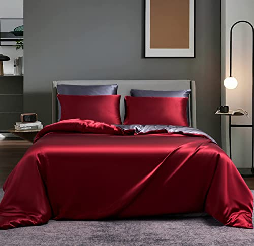 Boqingzhu Satin Glanzsatin Bettwäsche 135x200cm Rot Grau Uni Luxus Seide Wende Bettwäsche Set Weinrot Anthrazit Glatt Glänzend Bettbezug mit Reißverschluss und Kissenbezug 80x80cm