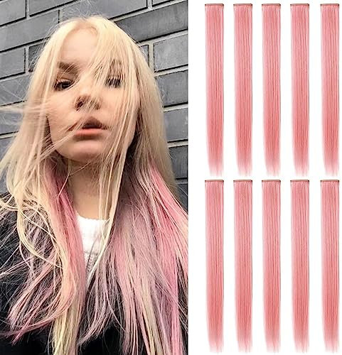 ZHIRXIN 9 Stück Farbige Clip in Haarverlängerungen Party Highlights Synthetische Perückenstück, Haarteile Haarschmuck für Frauen (Rauchrosa)
