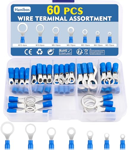 Hanibos 60 Stück Ringkabelschuhe 1.5-2.5mm² Blau Quetschverbinder 16-14 AWG Loch-Ø M3 M4 M5 M6 M8 M10 M12 Rund 7 Größe