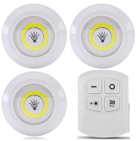 RevolutionLine - Luces LED Adhesivas con mando a distancia | Pack de 3 luces y 1 control remoto con temporizador | Luz blanca | Instalación sin agujeros, cables, ni enchufes | Funciona con pilas AAA