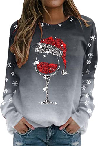 Weihnachtspullover Damen Lustig Weinglas Muster Christmas Sweater Casual Lose Langarmshirt Weihnachtsdruck Xmas Pulli Shirt Frauen Jumper Bluse Tops Longshirt Weihnachtskleidung Weihnachts Pullis