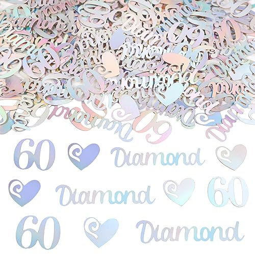 kreat4joy 60th Wedding Anniversary Table Confetti, 60 Wedding Anniversary Diamond Decorations, 200pcs Mirror Paper Confetti Include Love Heart Confetti, 60 Diamond Confetti for Table Decor