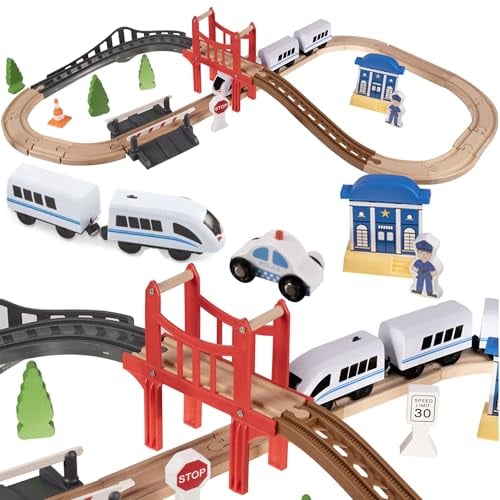 KRUZZEL Holzeisenbahn Batteriebetrieben Magneteisenbahn 37 Elemente Set 3,2 m 22646