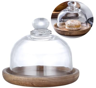 Glass Dessert Dome with Wood Base,Mini Cake Stand,Cake Plate Wooden Plates with Dome,Fruit Display Server Tray for Kitchen,Wedding,Appetizer Dessert and Cheese Serving Stand (Round-3.25)