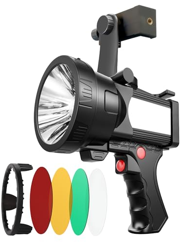BIGSUN Q984 LED Spotlight Flashlight with 4 Color Lenses and Phone Holder, 14000mAh Battery & COB Floodlight Outdoor Search Light for Camping,Hunting