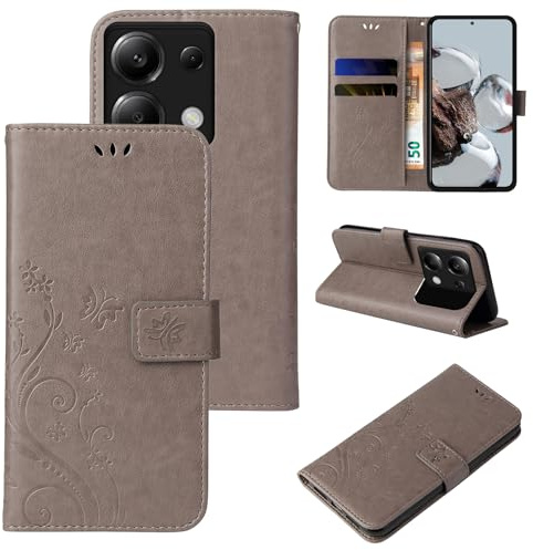 LBH Handy Hülle für Xiaomi Redmi Note 13 Pro 5G Case Handytasche Schmetterling Blumen Flower Standfunktion Schutzhülle Magnet Rundum Schutz 360 Grad Flipcase Cover Grau