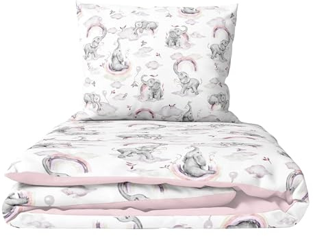2 Piece Baby Children Quilt Duvet & Pillow Set 120x90 cm to fit Toddler Cot Bed (Pink Elephants)