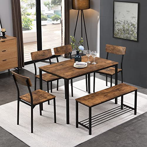 Goeria Juego de mesa de comedor silla y banco 6 marco de acero de madera estilo industrial cocina mesa de comedor conjunto 110L x 70W x 75H cm