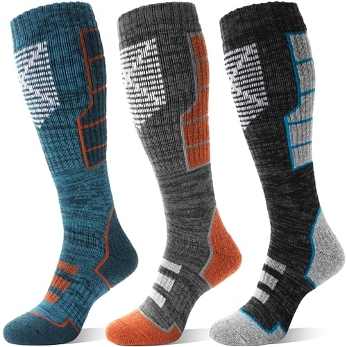 MOSEY KOSY 3 Pairs Unisex Merino Wool Ski Socks Thermal Warm Winter Thick Knee High Long Athletic Socks for Hiking Skiing(Orange-gray Series,7-11)