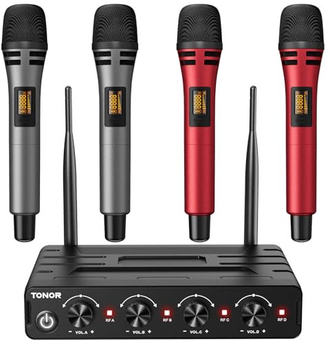 TONOR Microfono Inalambrico, 4x5 Canal UHF Micro, Micrófono Dinámico de Mano con Receptor, Multiset Operación, 60m Ideal para Karaoke Canto, Boda, Iglesia, reunión, Plata, PA, Amplificador, Rojo
