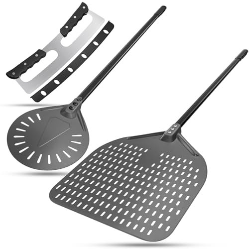 14 inch Perforated Pizza Peel 9inch Pizza Turning Peel, Pizza Cutter Rocker, 35cm Pizza Rocker with Cover, Hard Anodized Aluminum Pizza Paddle, Pizza Oven Tools for Homemade Pizza and Outdoor Baking