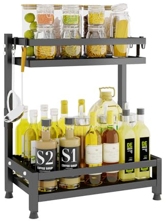 Mointal Stehend Arbeitsplatte Gewürzregal, 2-Stufig Küche Gewürz Aufbewahrung Organisator Stand, Küche Arbeitsplatte Regal, Eck Gewürzregal für Gewürze, Gewürzglashalter mit 4 Haken, Schwarz