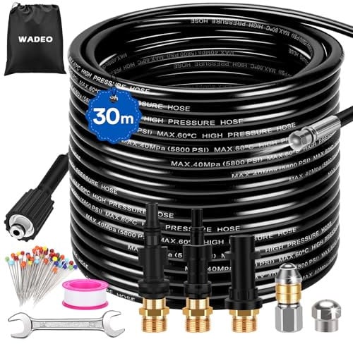 WADEO 30M Tubo per Idropulitrice, Kit per sonda sturatubi per idropulitrice, Include Uscita Impermeabile e Adattatori Ingranditi, Adatto per Serie Karcher K2-K7, LAVOR & Bosch (30M (Aggiornata))
