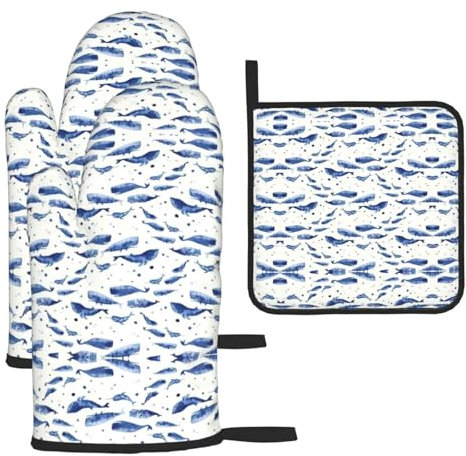 Set di 3 guanti da forno e presine a forma di balena blu, guanti da forno da cucina, guanti resistenti al calore