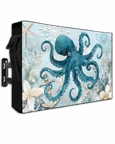 DOME-SPACE Marine Life Octopus Retro Outdoor TV-Abdeckung für Flachbildfernseher, Meeresblume, Seestern, nautisch, wetterfest, TV-Displayschutzfolie mit Reißverschluss für 70 bis 75 Zoll Bildschirme
