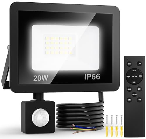 20W LED Strahler mit Bewegungsmelder, 6500K Außenlampe mit Fernbedienung, Kaltweiß Superhell Fluter Scheinwerfer Licht, IP66 Wasserdicht Außenbeleuchtung Lampe Aussen Detector für Innenhöfe, Garden
