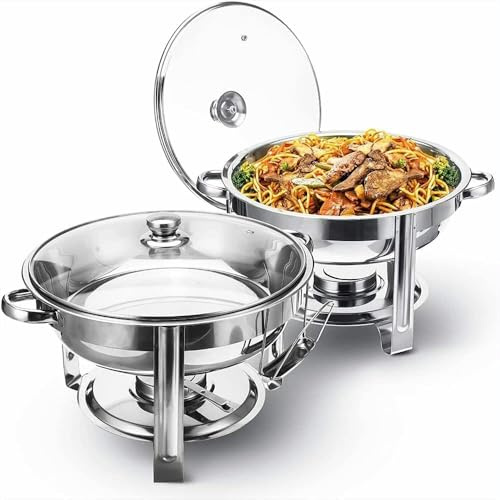 Housetronics Stainless Steel Chafing Dish with Tempered Glass Lid | 4.5L Round Food Warmer Buffet Server | Serving Dishes for Dinner, Restaurants, Banquets, Parties, Caterings, Events (Set of 2)