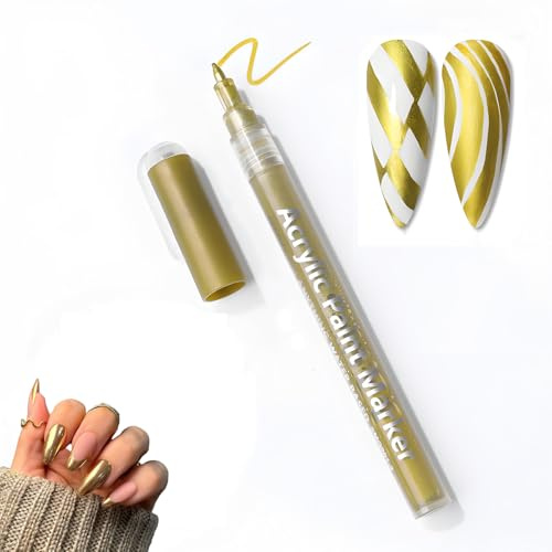 Gold Nail Polish Pen – Fine Tip Quick-Dry Brush for French Manicure & Precise Nail Art, Metallic Acrylic Paint Marker, Waterproof & Long-Lasting, Multi-Surface Use