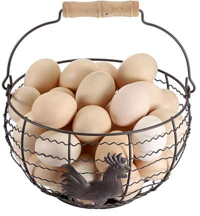 OGANAZI Farmhouse Egg 8'' Basket for Gathering Fresh Eggs, Rustic Metal Wire Chicken Eggs Holder Basket for Countertop Kitchen, Wire Egg Basket Vintage Style, Round, Rooster Pattern, Solid Bottom