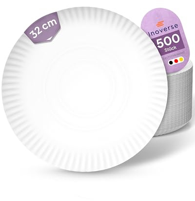 Inoverse Pappteller 500 Stück Rund 32 cm Weiß, Einwegteller aus Pappe | Stabil, groß, Umweltfreundliche Papierteller, Pizzateller, Partygeschirr, für Pizza, Buffets, große Speisen, Veranstaltungen