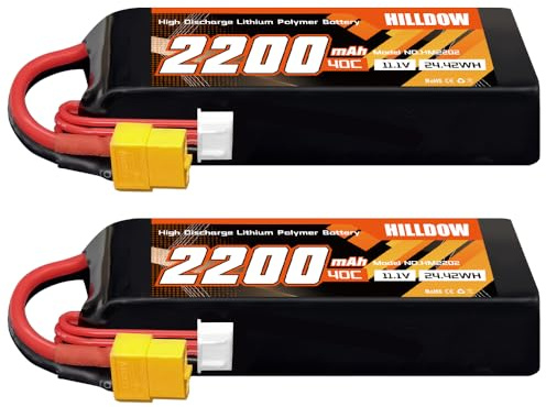 Hilldow Batería Lipo 3S 2200mAh 11.1V 40C RC Paquete de Baterías de Carcasa Blanda con Conector XT60 para Dron RC Avión Quadcopter Helicóptero Barco Modelos de Hobby (2 Paquetes)